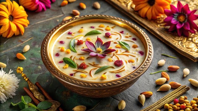Traditional Kerala dessert Palada payasam served on a decorated table with intricate designs and garnished with cardamom pods and edible flowers, desserts of kerala, Palada payasam