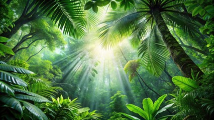 Obraz premium Exotic Jungle Canopy with Lush Green Leaves and Sunlight Filtering Through , jungle canopy, verdant foliage
