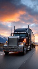 Semi-truck on highway at sunset, scenic mountain backdrop.  Possible use for transportation, industry, travel, or tourism stock image