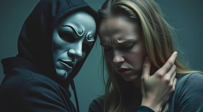 Person in mask stands close to worried woman, symbolizing gaslighting and emotional manipulation