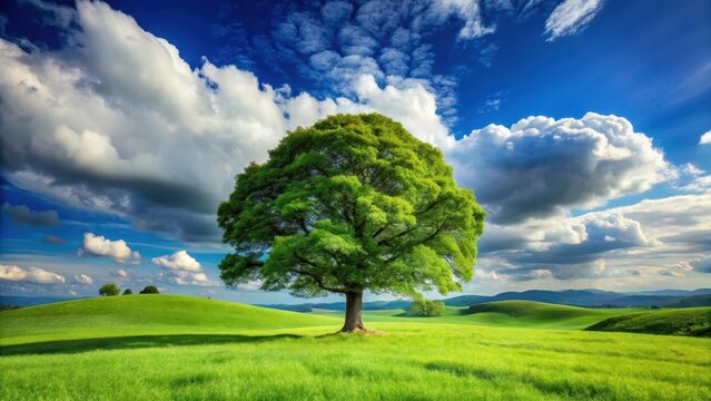 A majestic tall tree stands proudly in a lush green field, surrounded by rolling hills and a clear blue sky with fluffy white clouds , tall tree, nature scenery