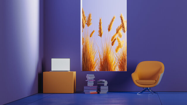 Chic interior with armchair and laptop by a sunny window