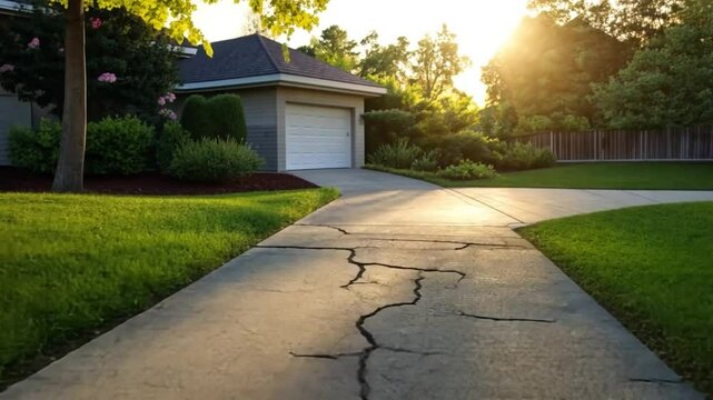 Cracked driveway in front of house sunset