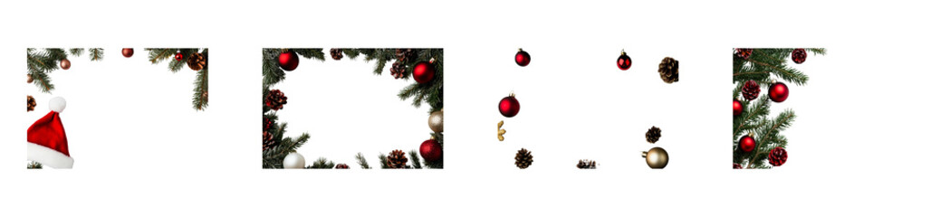 Festive conifer with ornament, Santa hat and cones decor, isolated. cut out transparent