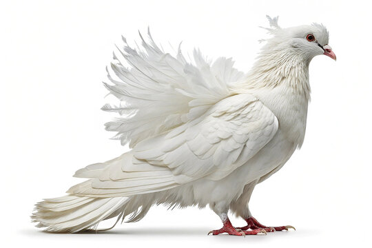 White jacobin pigeon standing isolated on transparent background