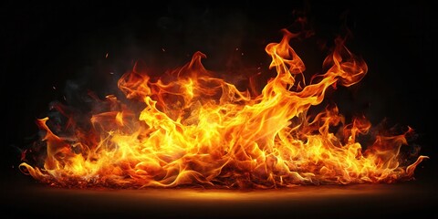 A blazing hot flame with a fiery glow on a dark and mysterious black background, surrounded by intense heat and light effects , dark