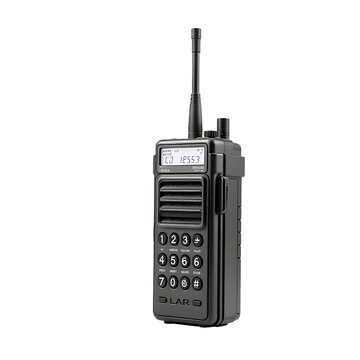 A black walkie-talkie with an antenna and display
