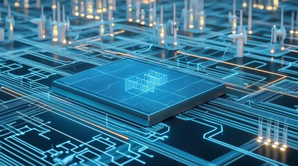 Fototapeta premium Futuristic ai command station cyber city digital art high-tech environment aerial view hyperrealistic visualization