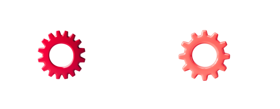 Two shiny metallic gear wheels, pink and red. cut out transparent
