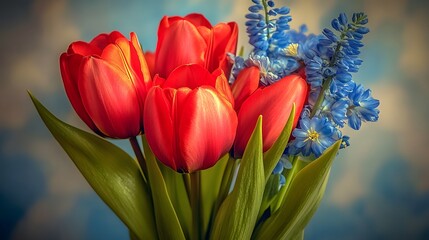 Naklejka premium Vibrant Red Tulips and Blue Muscari Spring Bouquet