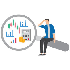 Businessman using magnifier to plan budget with calculator coin and chart symbolizing financial management
