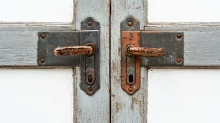 A locked door reflecting an open door, white background