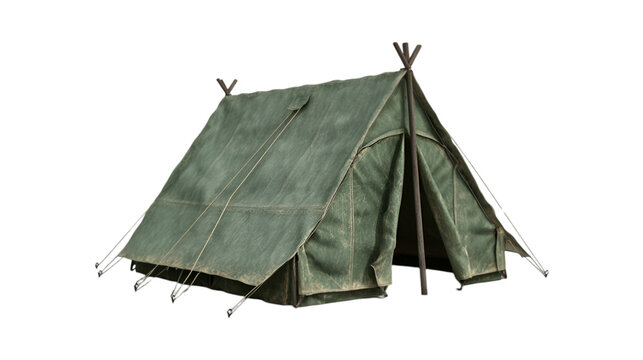 Old canvas army tent isolated on black background