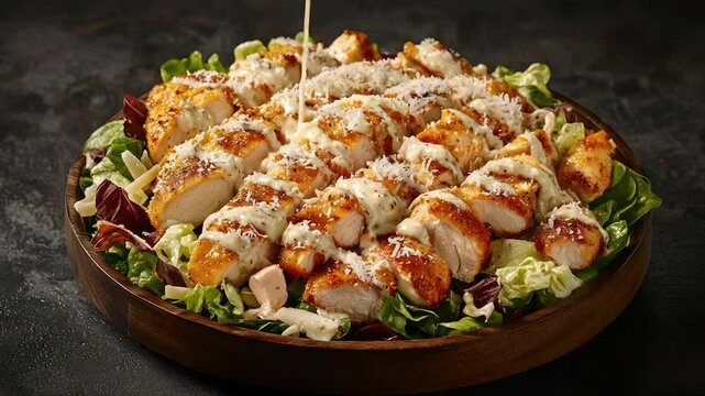 Grilled chicken Caesar salad.  Generous portion of crispy, grilled chicken breast pieces on a bed of mixed greens, topped with creamy Caesar dressing and grated Parmesan cheese