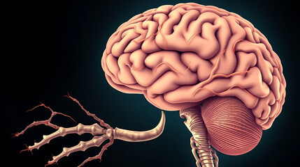 Axonal growth temporal lobe epilepsy and synaptic pruning human brain exposed and intertwined with a skeletal structure symbolizing anatomy and brain science. Temporal. Illustration