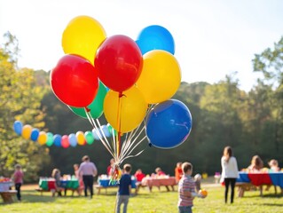Colorful balloons highlight a joyful outdoor gathering with children