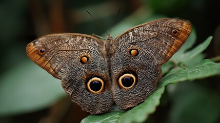 Owl Butterfly on Green Leaf: Nature's Camouflage