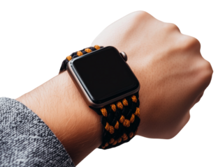  A person wearing an Apple Watch with a black and brown braided bracelet on their wrist, isolated on a transparent background.png