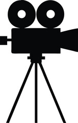 Obraz premium Black silhouette of classic movie camera placed on stable tripod stands against white background