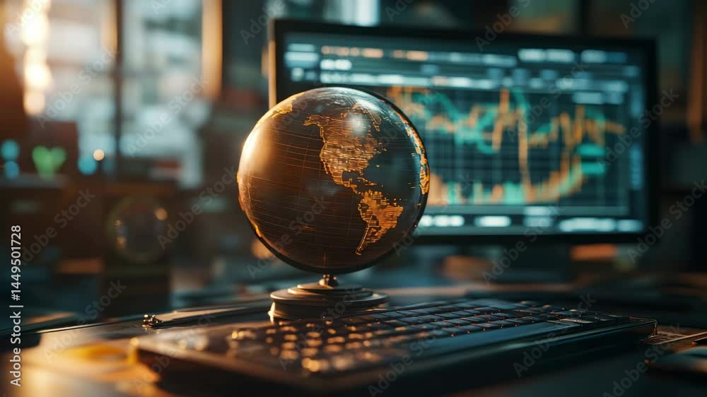 Poster a glowing globe sits on a desk in front of a computer monitor displaying financial graphs and a keyb