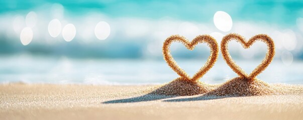 Naklejka premium Two heart shapes made of sand on a beach, symbolizing love and tranquility.