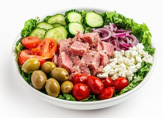 Fresh salad with vegetables and protein on a white background
