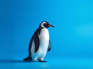 Fototapeta premium an image of a penguin standing on a blue surface, there is a penguin standing on a blue surface with a blue background
