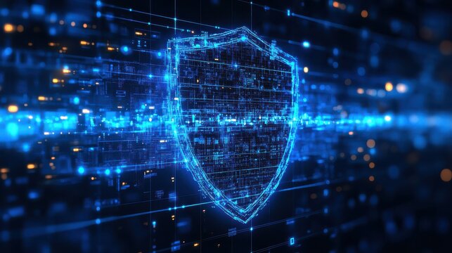 Futuristic glowing blue shield symbolizing cybersecurity within a digital matrix.