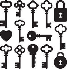 Black Key Silhouettes Clipart – Vintage Skeleton, House, Car & Heart Shaped Keys

