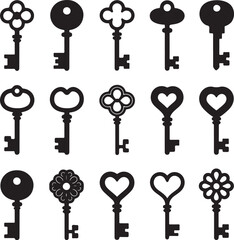 Black Key Silhouettes Clipart – Vintage Skeleton, House, Car & Heart Shaped Keys

