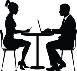 Black silhouettes show a businesswoman using a mobile phone while a businessman uses a laptop