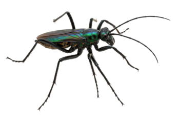 Iridescent Tiger Beetle A black background highlights its metallic sheen  spiky legs
