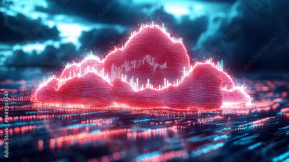 Poster a glowing digital cloud surrounded by data lines and abstract graphs symbolizes modern cloud computi