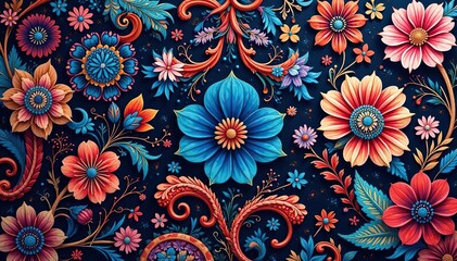Intricate paisley floral pattern in vibrant hues, fabric, texture, floral