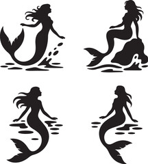Black Mermaid Silhouettes Clipart – Swimming, Sitting & Elegant Fantasy Vector Set

