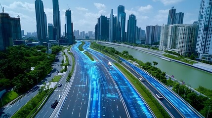 Fototapeta premium Smart City Highway: Autonomous Vehicle Tech - Smart Cities