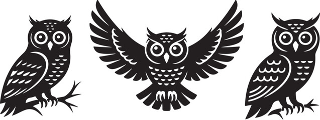 Black Owl Silhouettes Clipart – Flying, Perched & Cute Owl Vector Set

