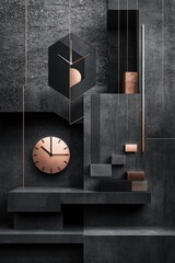 Modern clock design, geometric shapes, dark tones