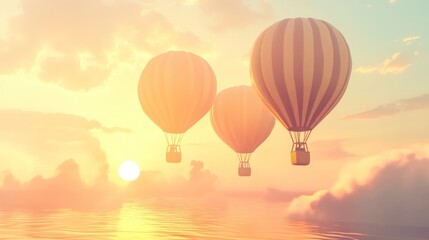 Naklejka premium Three hot air balloons soar through a serene sunrise sky.