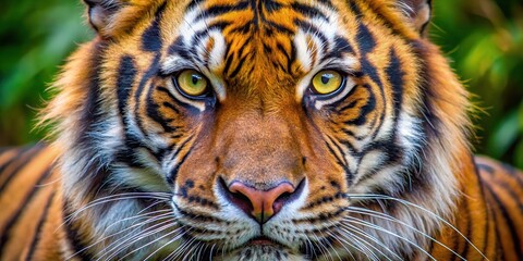 Fototapeta premium A close-up shot of the Sumatran tiger's face, revealing its piercing eyes and distinctive stripes, showcasing its unique facial features in stunning detail , habitat, nature