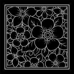Outline square flower pattern in mehndi style for coloring book page. Antistress for adults and children. Doodle ornament in black and white. Hand draw vector illustration.