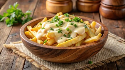 Crispy golden fries topped with a generous helping of creamy melted cheese sauce, served in a rustic wooden bowl