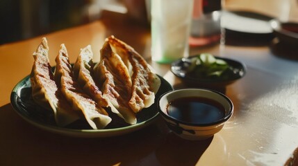Scrumptious Pan-Fried Gyoza with Dipping Sauce. A Taste of Authentic Japanese Cuisine.