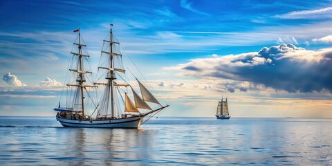 A sailboat navigating through calm waters of the Ostsee with a Windjammer in the background, sailing towards the horizon, ocean sailing, seafaring vessel
