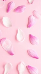 Pink and white rose petals on soft pink background evoking elegance and tranquility