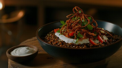 Scrumptious Lentil Bowl with Yogurt Sauce and Crispy Toppings