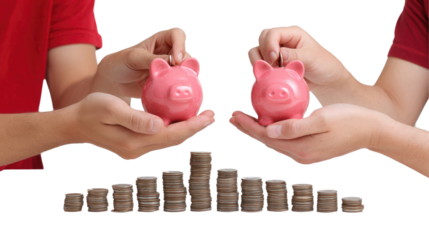 Two hands hold pink piggy banks while other hands display stacks of coins, representing the act of saving money and the importance of financial management in everyday life