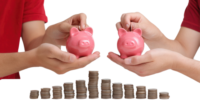 Two hands hold pink piggy banks while other hands display stacks of coins, representing the act of saving money and the importance of financial management in everyday life