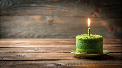 A small green cake with a single candle on a wooden table in a cozy room, small green cake