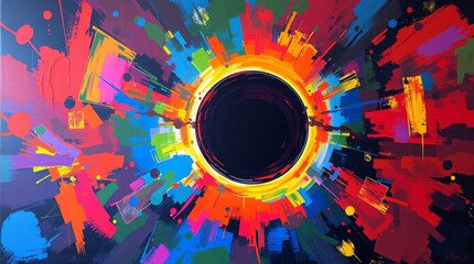 Celestial burst: A vibrant artwork bursts forth from a central void, showcasing a kaleidoscope of vivid hues, and artistic strokes.
